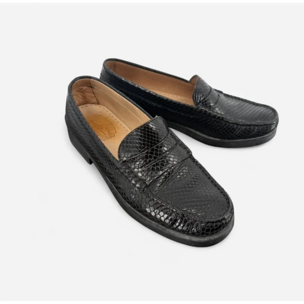 VTG Triver Flight Sz 37.5/7.5 Black Leather Slip On Classic Preppy Loafers W/Box